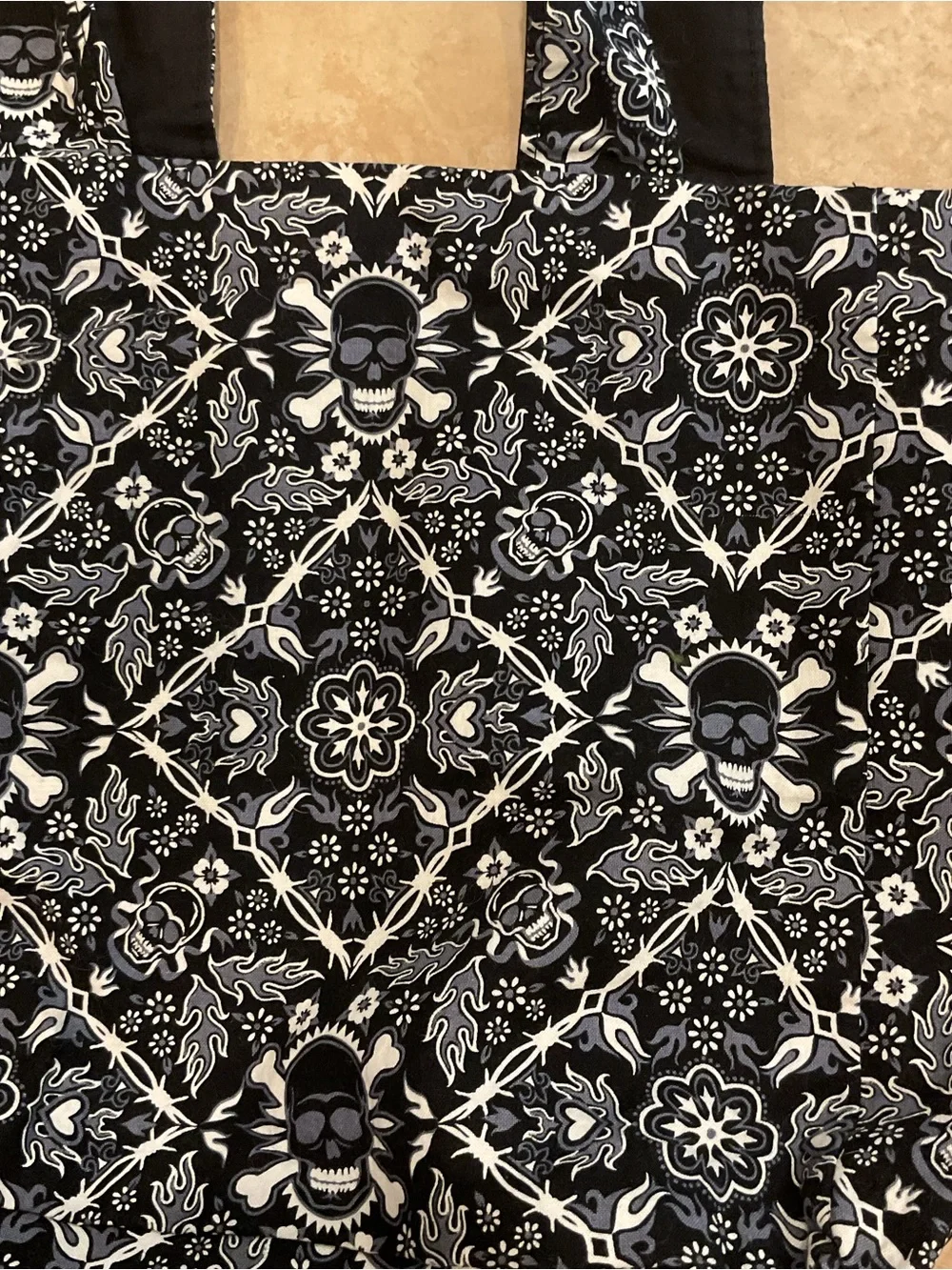 Black Patterned Tote Bag with Skull Motif